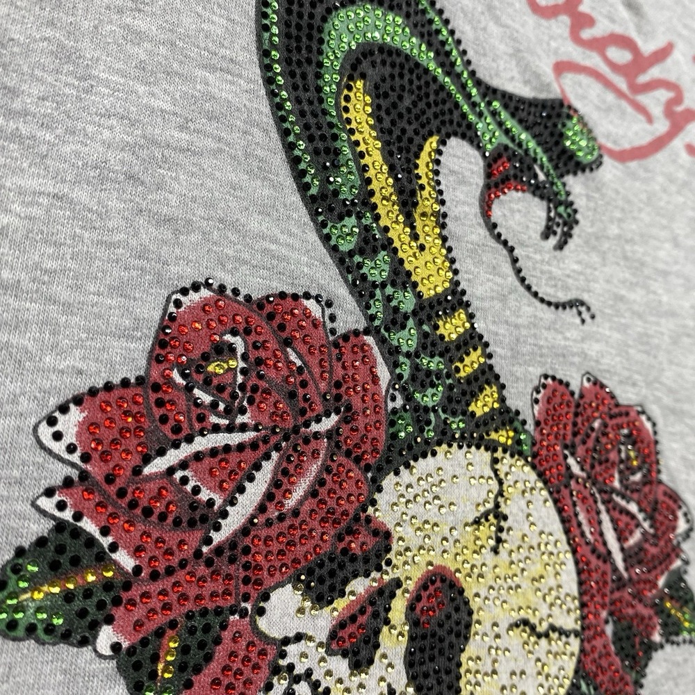 Y2K Ed Hardy Grey Crop Top Women's Sz XL Graphic Double Sided Snake And Skull - Picture 3 of 8